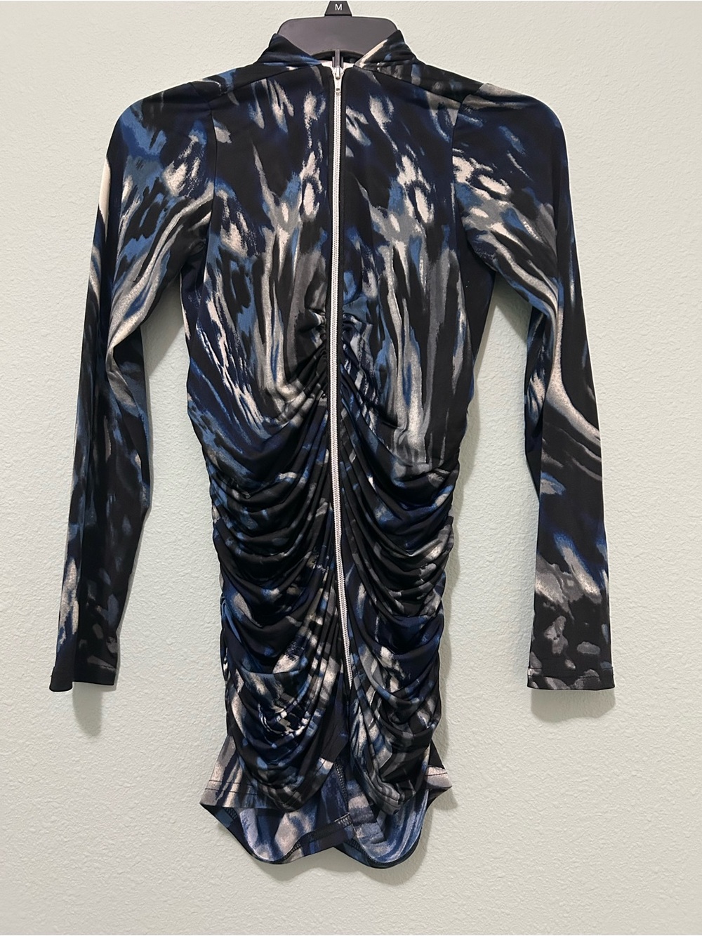 Linda Segal Ruched Zip-Front Mini Dress in Black & Blue Size M